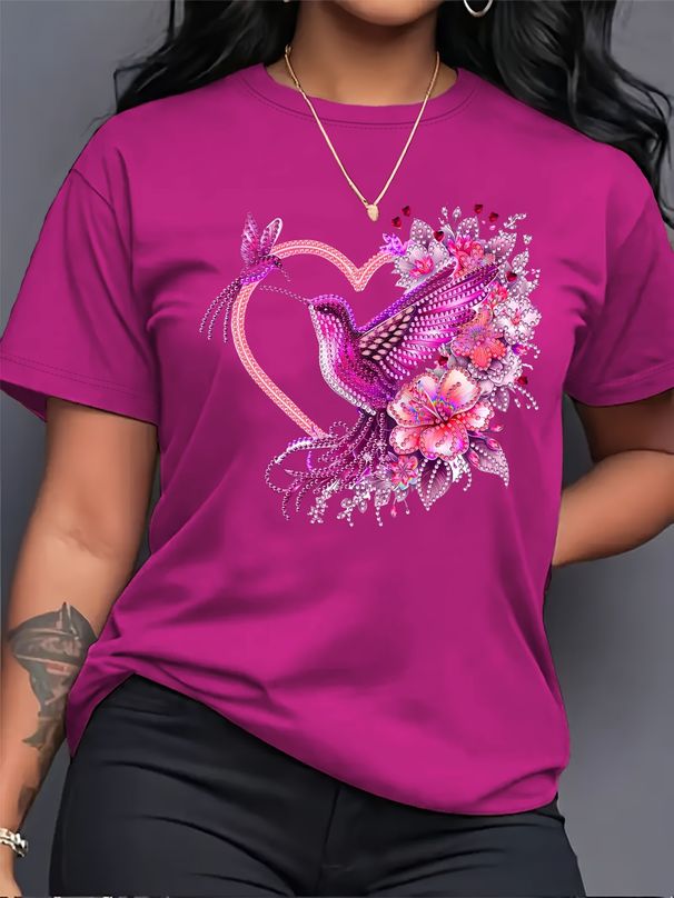 Floral Hummingbird Heart Women's Tee - Boho Graphic, Casual Pink Top_ecoleips.com