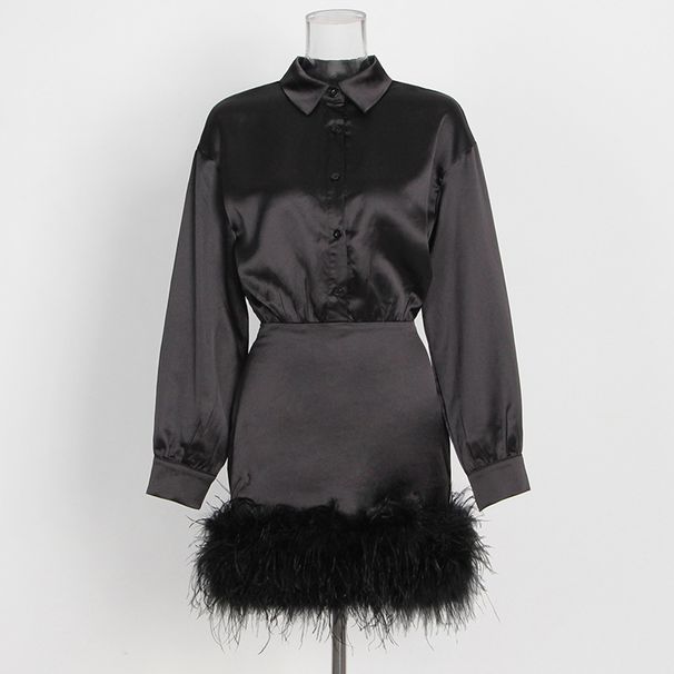Women's Clothing women's autumn new style feather decoration exquisite waist satin long sleeved short dress female_ecoleips.com