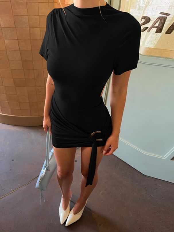 Mozision Backless Short Sleeve Sexy Mini Dress Women Elegant Metal Buckle Skinny Draped Ruched Club Party Dresses Female Clothes_ecoleips.com