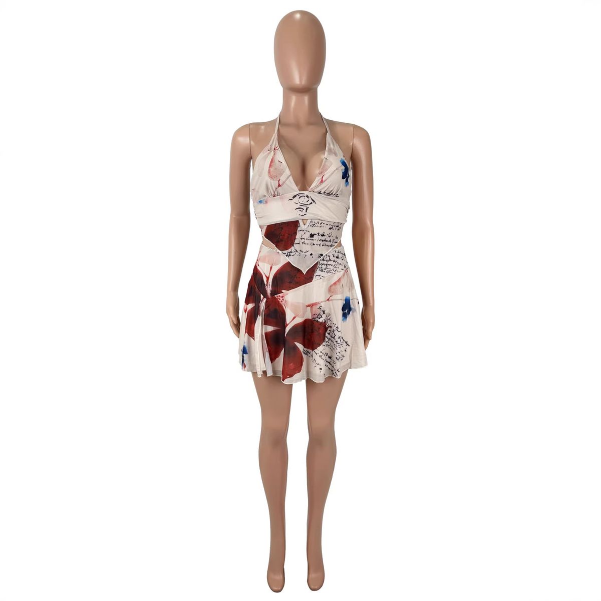 Women's Sexy Mesh Print Halter Neck Tank Top And Crop Two Piece Set Style Clothing_ecoleips.com