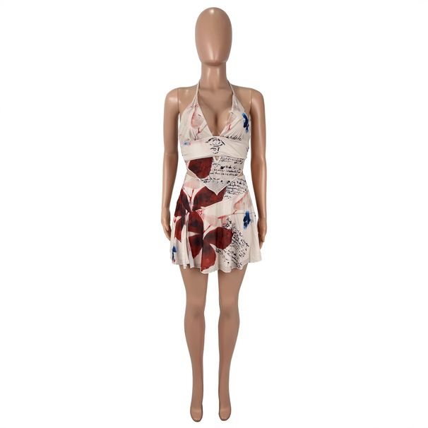 Women's Sexy Mesh Print Halter Neck Tank Top And Crop Two Piece Set Style Clothing_ecoleips.com