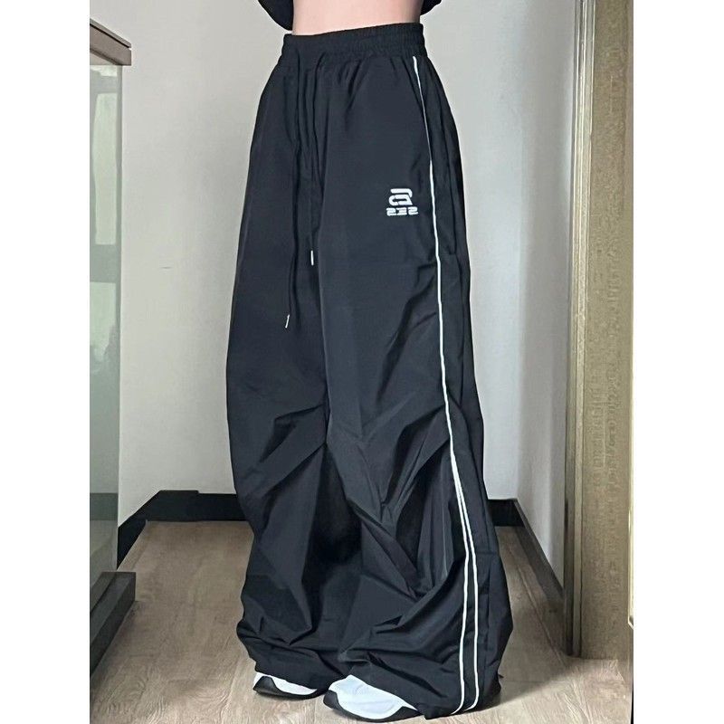 American Wide Leg With Striped Splicing, Floor Drawstring, Jogging Pants, Loose Fitting Harajuku Street Casual Pants For_ecoleips.com