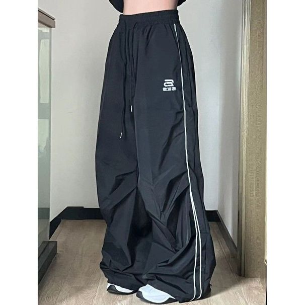 American Wide Leg With Striped Splicing, Floor Drawstring, Jogging Pants, Loose Fitting Harajuku Street Casual Pants For_ecoleips.com