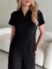 Women's Slimming Collar Pullover Top With Wide Leg Trousers Knit Fashion Set Solid Color Short Sleeve Sportswear_ecoleips.com