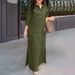 Women's Clothing Solid Color Cotton Linen Lapel Long Sleeve Simple Loose Casual Long Dress_ecoleips.com