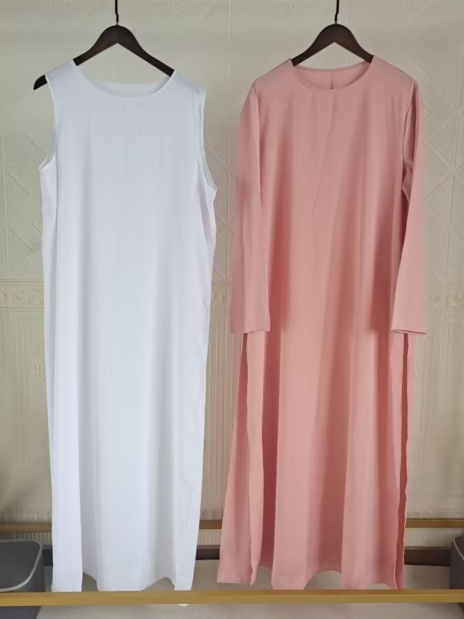Elegant Modest Two-Piece Dress Set - Long Sleeve Loose Fit Casual Maxi Dress With Round Neck, Polyester Blend, Solid Color (Khaki+White)_ecoleips.com