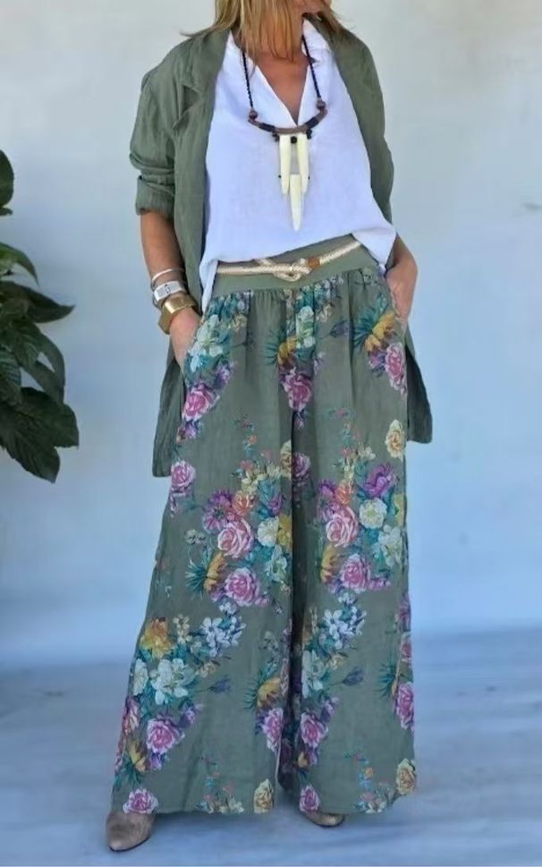Women's Casual Floral Print Wide Leg Pants & Solid Color Blazer Set - Stylish Office Wear & Everyday Comfort_ecoleips.com