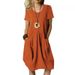 2026 Summer New European American Style Cotton Linen Solid Color Loose Round Neck Short Sleeve Women's Dress Fashionable_ecoleips.com