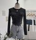 Women's Clothing Two Piece Denim Splicing Mesh Long Sleeved Top Short Navel Exposed Slim T Shirt_ecoleips.com