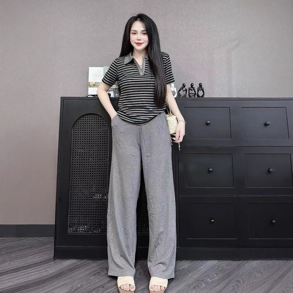 Women's Clothing Summer Fashion Set Casual Striped Collar Top And Wide Leg Pants Two Piece Outfit Thin Short Sleeve_ecoleips.com