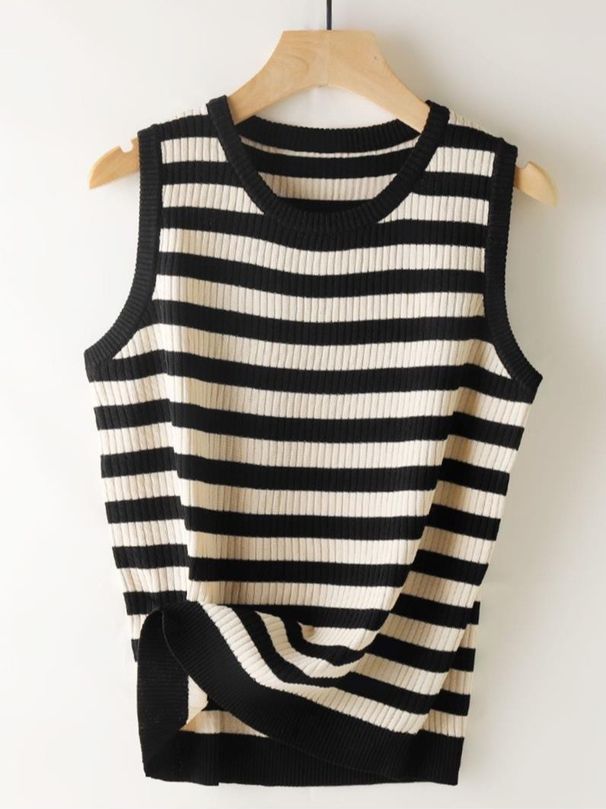 K Strap Vest Women's Loose Spring Round Neck Knitted Sweater Striped Versatile Casual Sleeveless Top_ecoleips.com