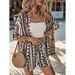 Summer Elegant Printed Two Piece Set For Women Short Sleeve Top With Tie Waist High-Waisted Shorts Vacation Style_ecoleips.com