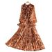 Women's French Style Elegant V Neck Dress Bow Bell Sleeve Fitted Waist Shimmering Print Ruffled Hem_ecoleips.com