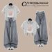 Korean-Style Printed Polo Shirt With Lace-Trim High-Waist Slimming Jeans Set (Yellow/Purple, S-XL)_ecoleips.com