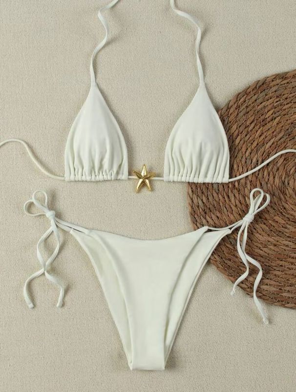 Women's Sexy Swimsuit Solid Color Tie up Backless Two Piece Three Piece Bikini High Elasticity Cross Border Foreign Trade 2025_ecoleips.com