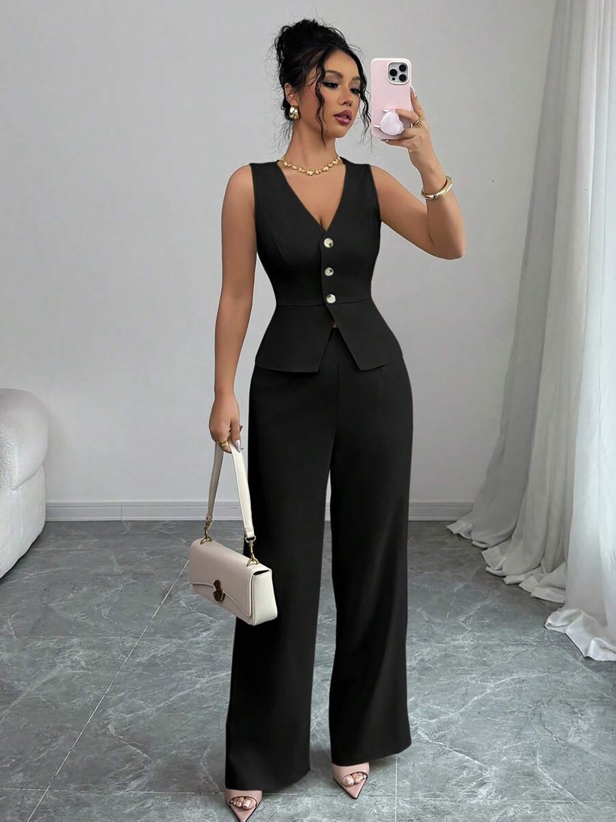 Women's Sleeveless Blazer Vest And Pants Set - Elegant Summer Two-Piece Outfit In Black, Beige & Burgundy_ecoleips.com