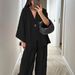 Women's Clothing Women's Fashion Casual Set V Neck Single Button Loose Fitting Long Sleeved Top And High Waisted Trousers Two Piece Set_ecoleips.com