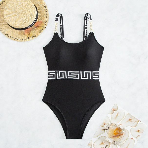 High-Waisted One-Piece Swimsuit for Women Slimming Retro Design Chain Detail Full Coverage Comfortable Fit_ecoleips.com