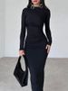 Women Elegant Solid Black Bodycon Maxi Dress Long Sleeve Lady O-neck Evening Party Vestidos Robe_ecoleips.com