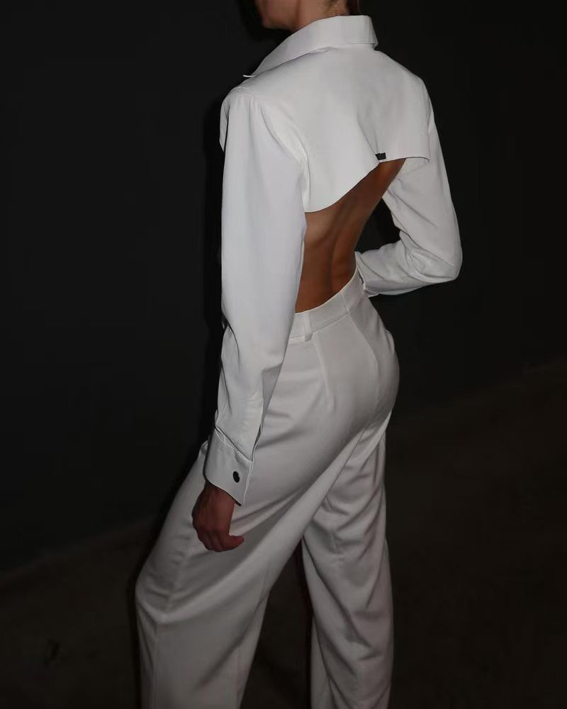Women's Clothing Cross Border New Products Long Sleeved Lapel Backless Solid Color Straight Pants Two Piece Suit_ecoleips.com