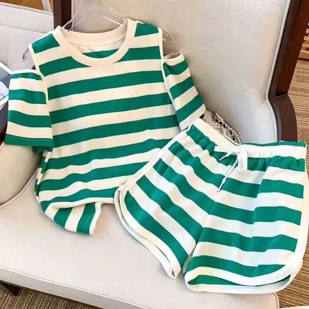 Plus Size Casual Lounge Set – Striped Off-Shoulder Top & Shorts For Women, Summer Comfort Outfit_ecoleips.com
