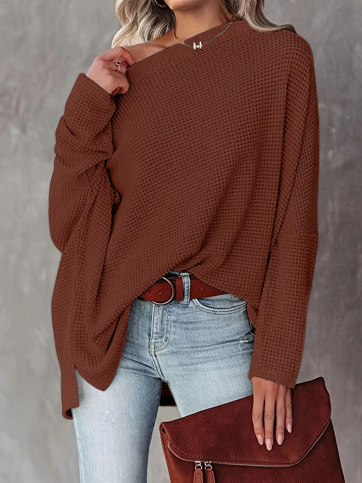 Women's Waffle Knit Top – Asymmetrical Shoulder Batwing Sleeve Blouse (Black/White/Silver/Red/Blue/Brown/Army Green/Olive) – S To Xxl_ecoleips.com