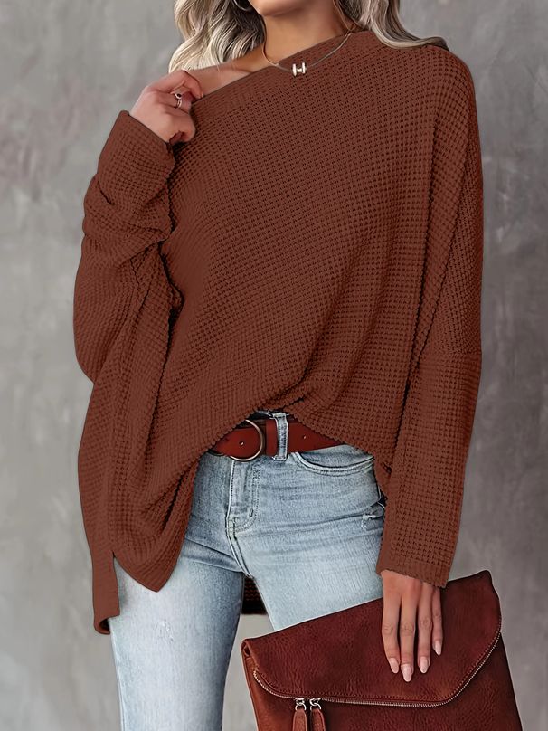 Women's Waffle Knit Top – Asymmetrical Shoulder Batwing Sleeve Blouse (Black/White/Silver/Red/Blue/Brown/Army Green/Olive) – S To Xxl_ecoleips.com
