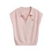 Women's Knitted Polo Vest Top, Grey Sleeveless Lapel V-Neck Sweater Waistcoat With Embroidery, Casual Slim Fit Knit Tank Top For Daily Wear Streetwear_ecoleips.com