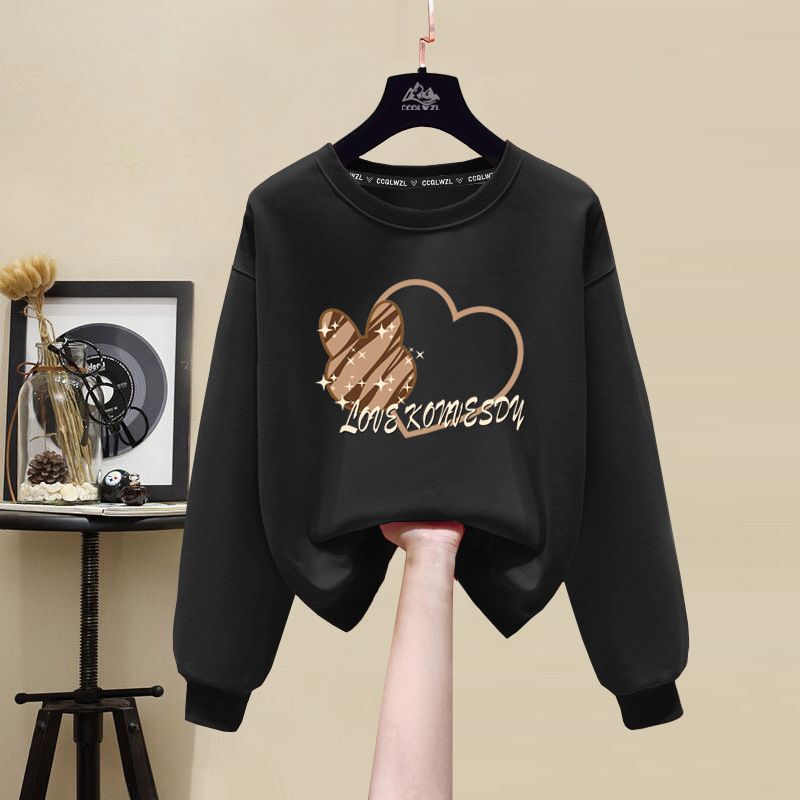 2023 Women's Hong Kong Style round Neck Pullover Sweatshirt Fleece Lined Thickened Pure Cotton Loose Jacket for Autumn Winter Trendy Student Wear_ecoleips.com