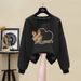 2023 Women's Hong Kong Style round Neck Pullover Sweatshirt Fleece Lined Thickened Pure Cotton Loose Jacket for Autumn Winter Trendy Student Wear_ecoleips.com