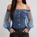 Women's Printed Faux Denim Off-Shoulder Chiffon Long-Sleeved Top Fashionable Exclusive Top_ecoleips.com