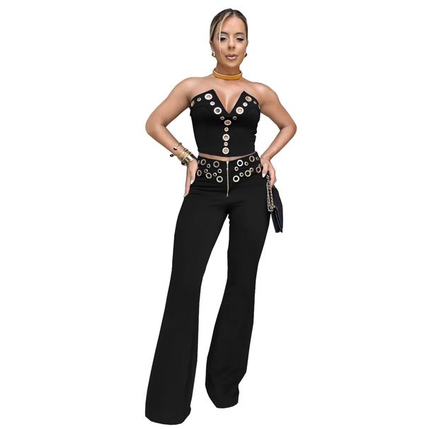 Women's Clothing Fashion Women's Sexy Tube Top Eyelet Metal Button Trousers Suit_ecoleips.com