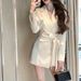 Women's Clothing Champagne Beige Satin Blazer Dress – Korean-Style Belted Midi Jacket (S-XL, Polyester, Tailored Fit, Office & Casual Wear)_ecoleips.com