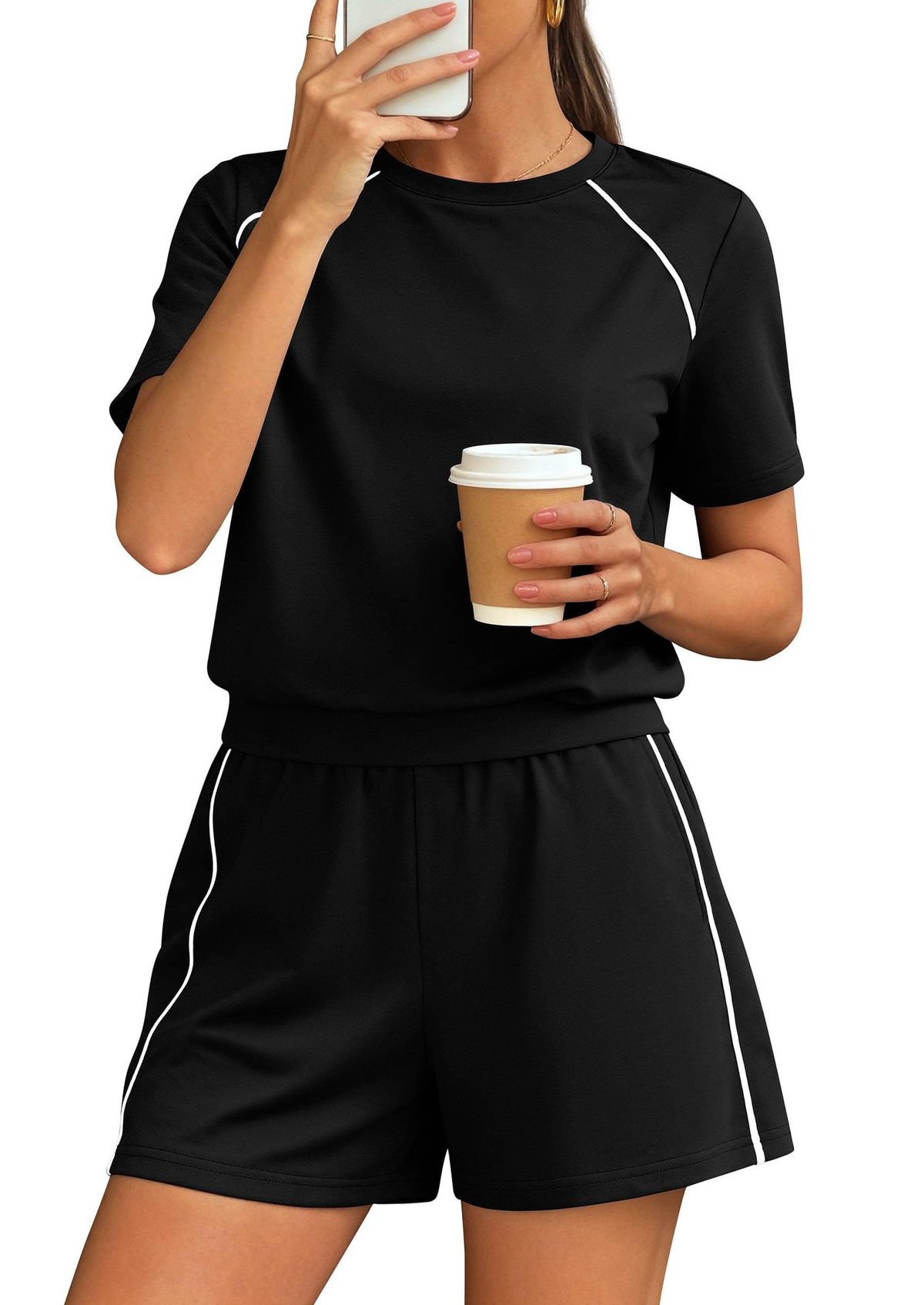 Women's Summer Shorts Set – Stretchy Round-Neck Top & Pocket Shorts (Black/Navy/6 Colors) – Gym, Running & Casual Outfits_ecoleips.com