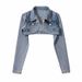 "Women's Cropped Denim Jacket - High Waist Shawl Collar Retro Style (Light Blue/Black Gray)"_ecoleips.com