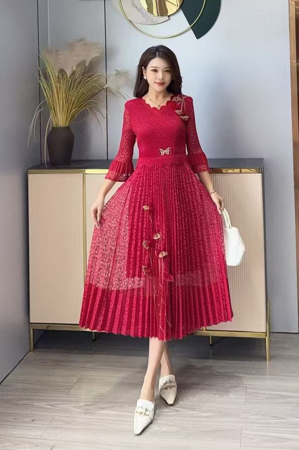 Women's Elegant Pleated Dress Solid Color Slimming Tummy Concealing Mesh Patchwork Magic Slim Dress For All Seasons_ecoleips.com