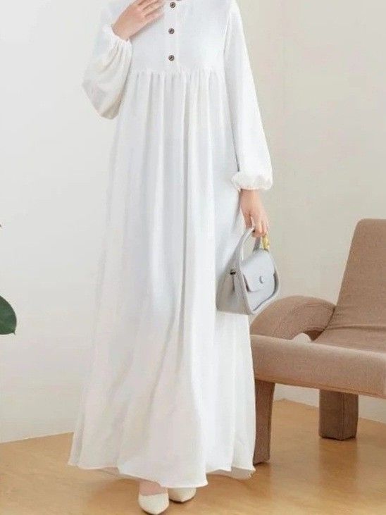 Women's Solid Color Fashionable Comfortable Loose round Neck Puff Sleeve Dress Cross Border Factory Clothing_ecoleips.com