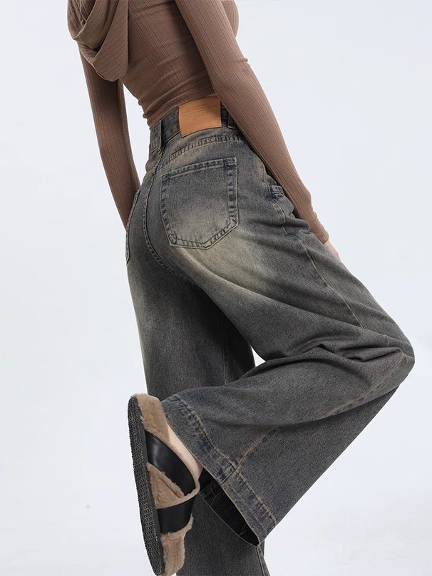 Washed Wide Jeans For Women In Early Autumn, New High Waisted American Straight Leg Lazy And Loose Summer Floor Pants_ecoleips.com
