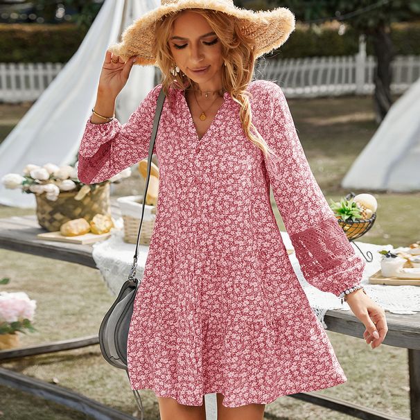 Independent Designed European American Style Women Lace Spliced Dress 2026 Summer Casual Resort Vacation Daily Wear Dress_ecoleips.com