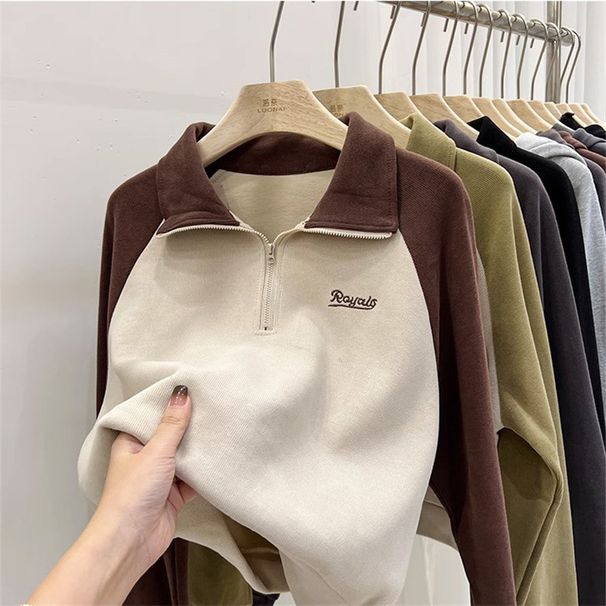 Real Shot Women's Thin Sweatshirt With A Polo Collar, Half-zip, Oversized, Loose Fit, And Color-blocking Design, Made Of_ecoleips.com