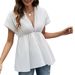 Voya Women's V-neck Bat Sleeve Loose Temperament T-shirt Spring New Style Pullover Solid Color Short Sleeved Top_ecoleips.com
