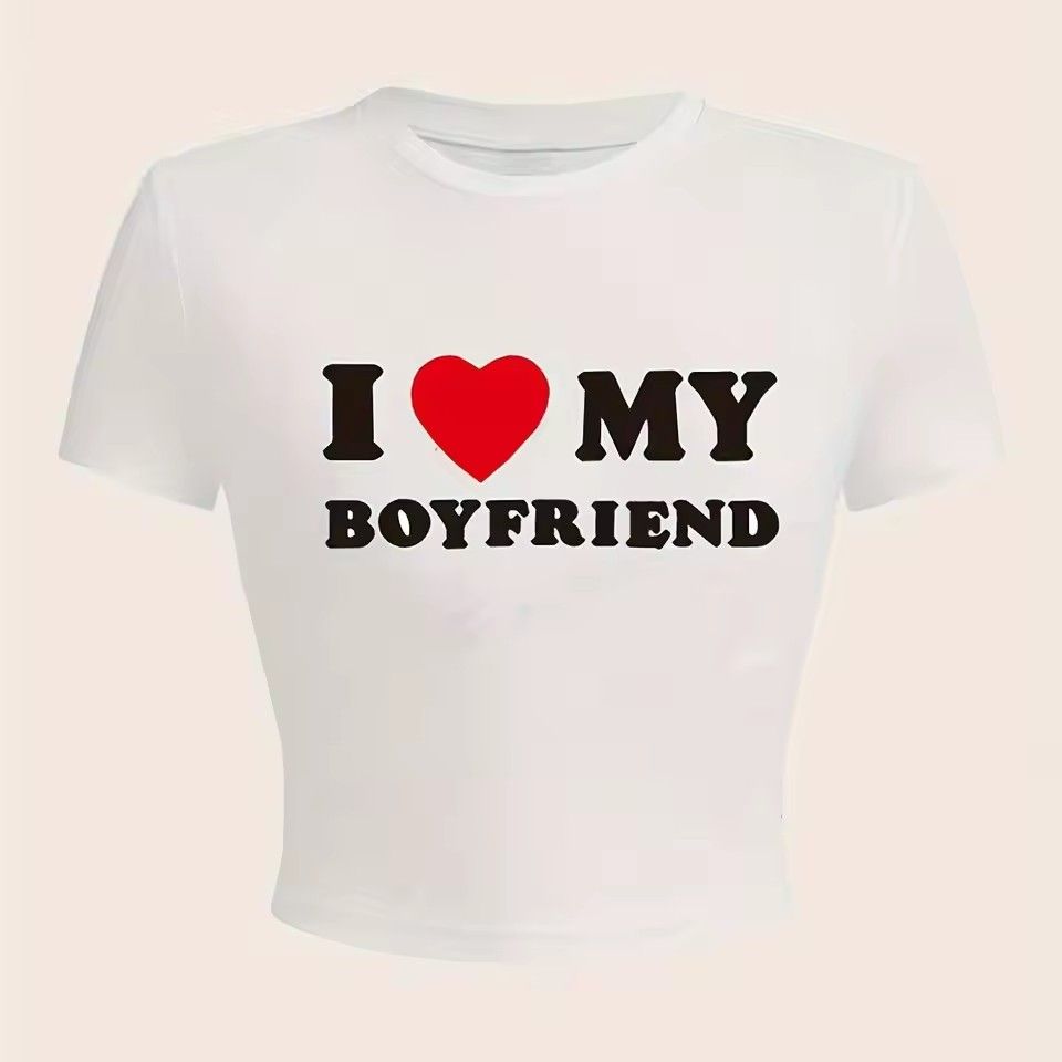 I Love My Boyfriend Print T-Shirt Women Casual Crew Neck Short Sleeve Crop Top For Summer Women's Clothing_ecoleips.com