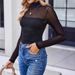 Women's Clothing New Solid Color Round Neck Mesh Splicing Perspective Long Sleeved Half High Collar Sexy Top_ecoleips.com
