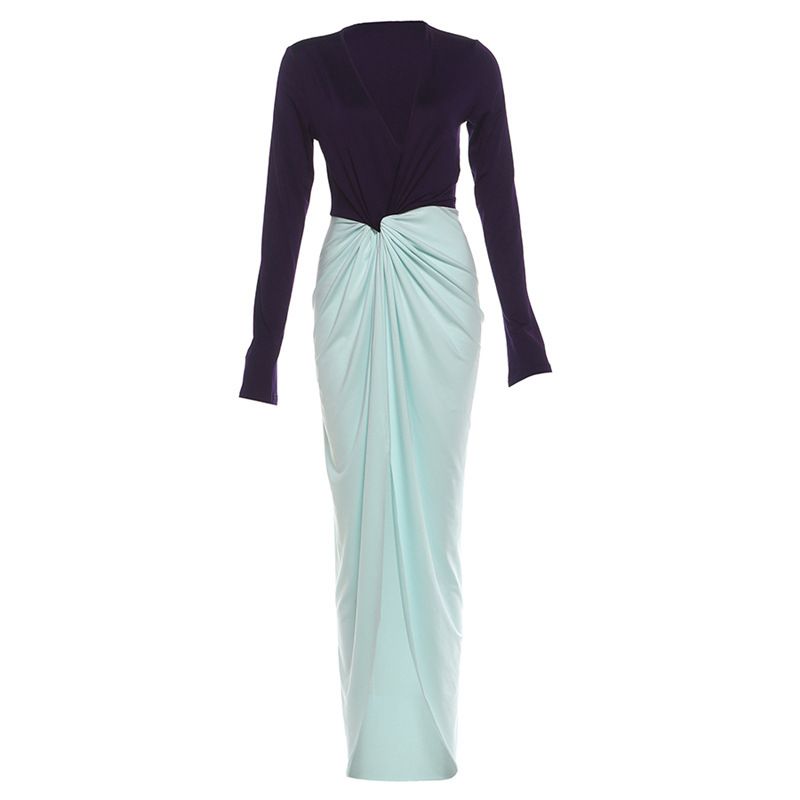 Fashionable Autumn Winter Women's Long Dress Deep V Neck Long Sleeve Slit Design Temperament Women's Clothing_ecoleips.com