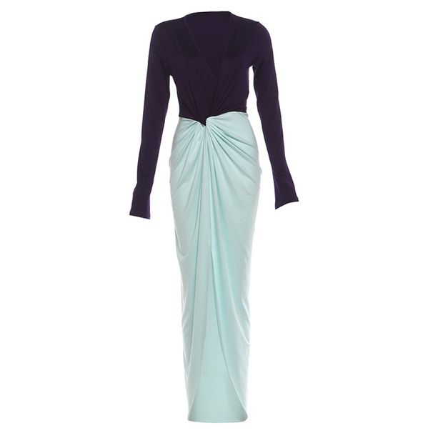 Fashionable Autumn Winter Women's Long Dress Deep V Neck Long Sleeve Slit Design Temperament Women's Clothing_ecoleips.com