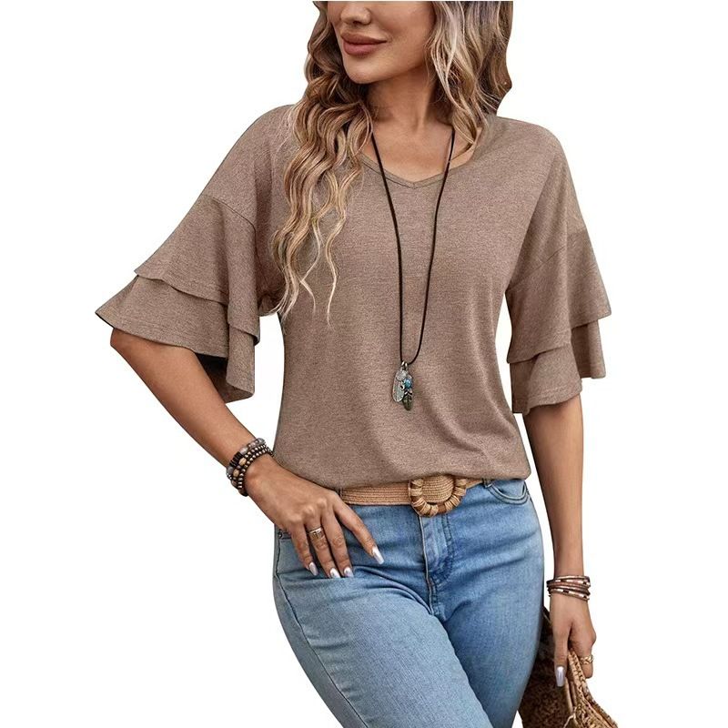 2025 New U-shaped Ruffle Edge Fashionable Temperament Women's Top T-shirt_ecoleips.com