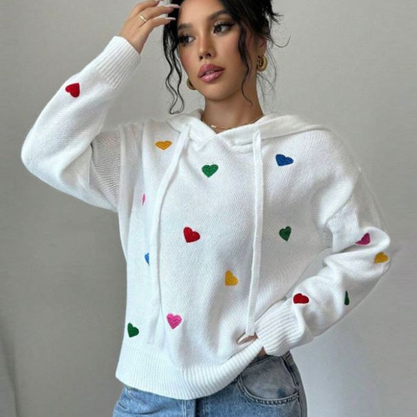 Women's Clothing Stylish 3D Heart Jacquard Hooded Sweater - Soft Acrylic Knit Pullover With Embroidery Detail, Loose Fit Long Sleeve Top For Women_ecoleips.com