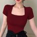 Square Collar Short-sleeved T-shirt Women's Summer Tight Big Neckline Exposed Collarbone French Retro Sexy Half-sleeved Top_ecoleips.com