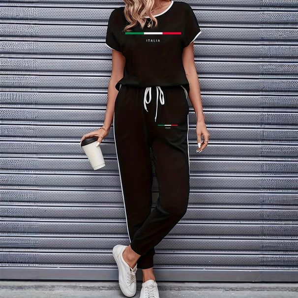 Women's Color Block Trim Casual Suit American Style Simple Loose Fit Short Sleeve Set Spring Summer Autumn New_ecoleips.com