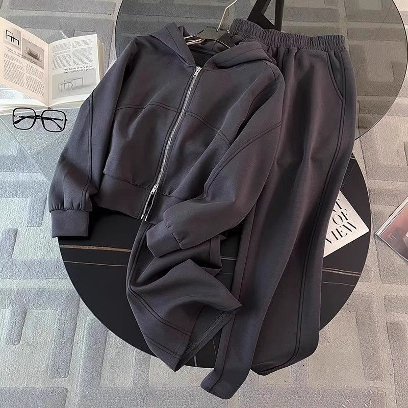 Korean Oversized Lounge Set – Long Sleeve Zip-Up Top & Wide-Leg Pants (2XL, Heather Grey)_ecoleips.com